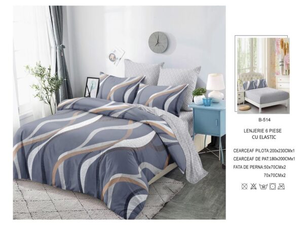 Lenjerie de pat pentru pat dublu , cearceaf cu elastic- finet , 6 piese LFE-38