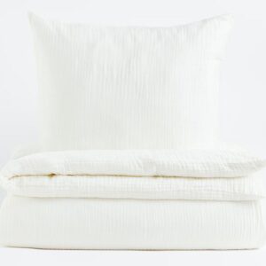 Set Lenjerie Pat 1 Persoana  din Muselina , Bumbac 100 %, 3 Piese -, Cearceaf cu elastic ,Alb