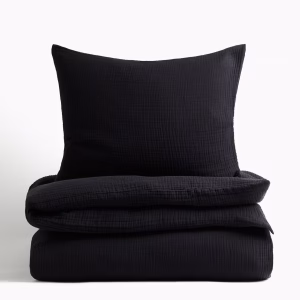 Set Lenjerie Pat 1 Persoana  din Muselina , Bumbac 100 %, 3 Piese -, Cearceaf cu elastic , Negru