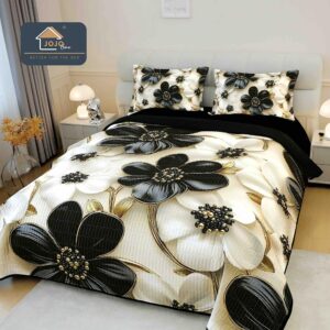 Set Cuvertura si 2 Fete de Perna, Imprimeu 5D Flori Crem cu Negru