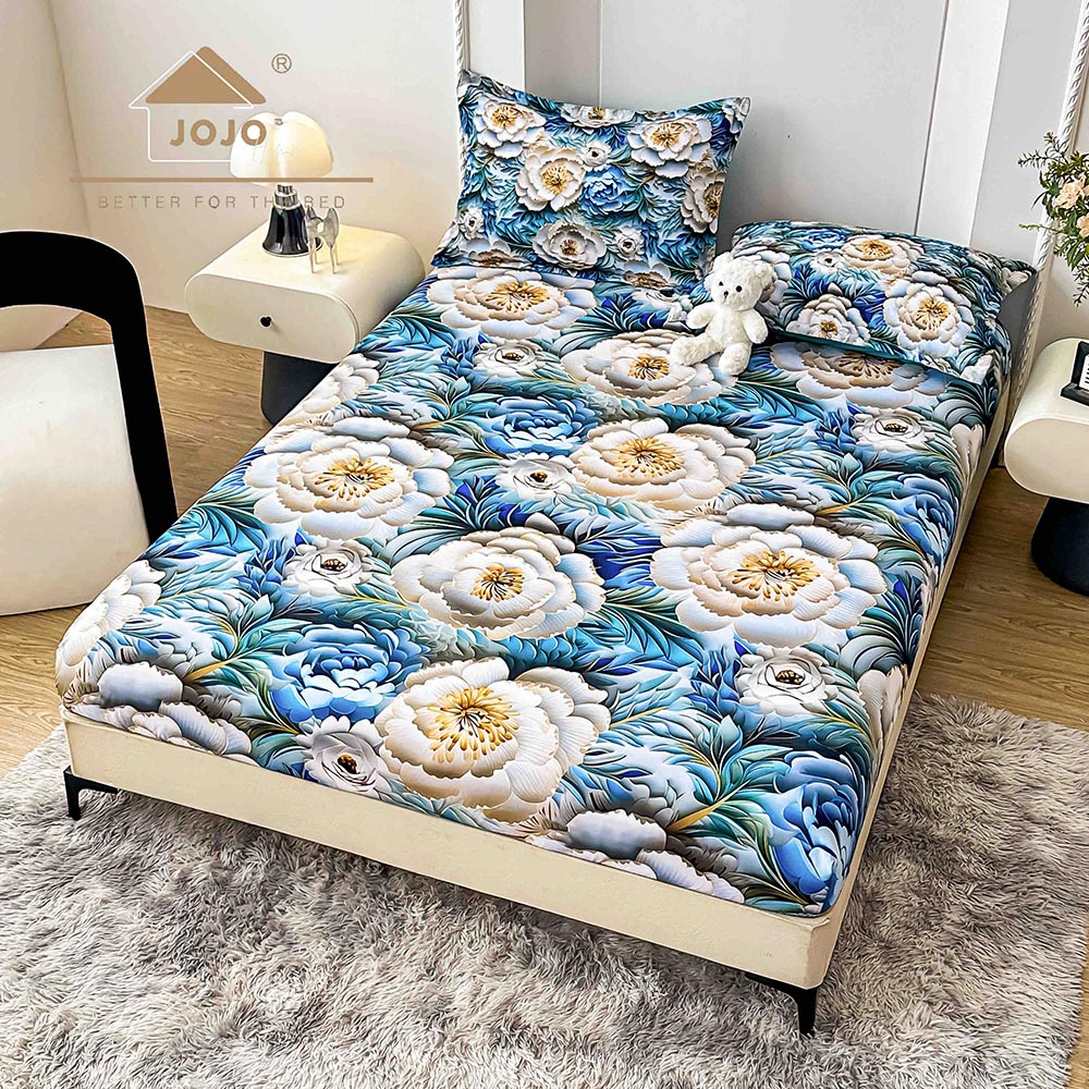 Husă Pat Dublu cu elastic cu 2 fețe de pernă, Țesătură Tip Finet , Imprimeu 5D Flori 1 Husă Pat Dublu cu elastic cu 2 fețe de pernă, Țesătură Tip Finet , Imprimeu 5D Flori