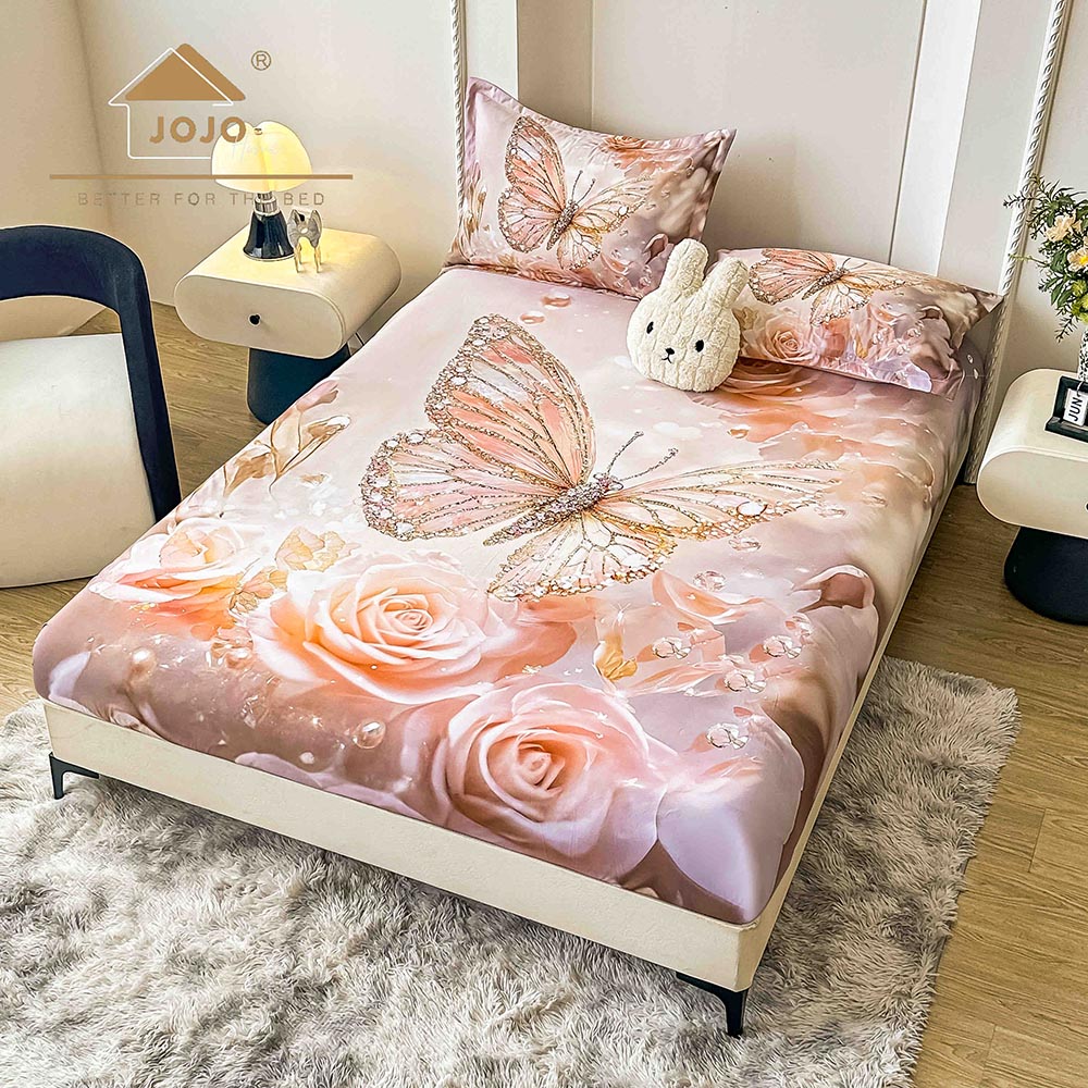 Husă Pat Dublu cu elastic cu 2 fețe de pernă, Țesătură Tip Finet , Imprimeu 5D Fluturi Pastel 1 Husă Pat Dublu cu elastic cu 2 fețe de pernă, Țesătură Tip Finet , Imprimeu 5D Fluturi Pastel