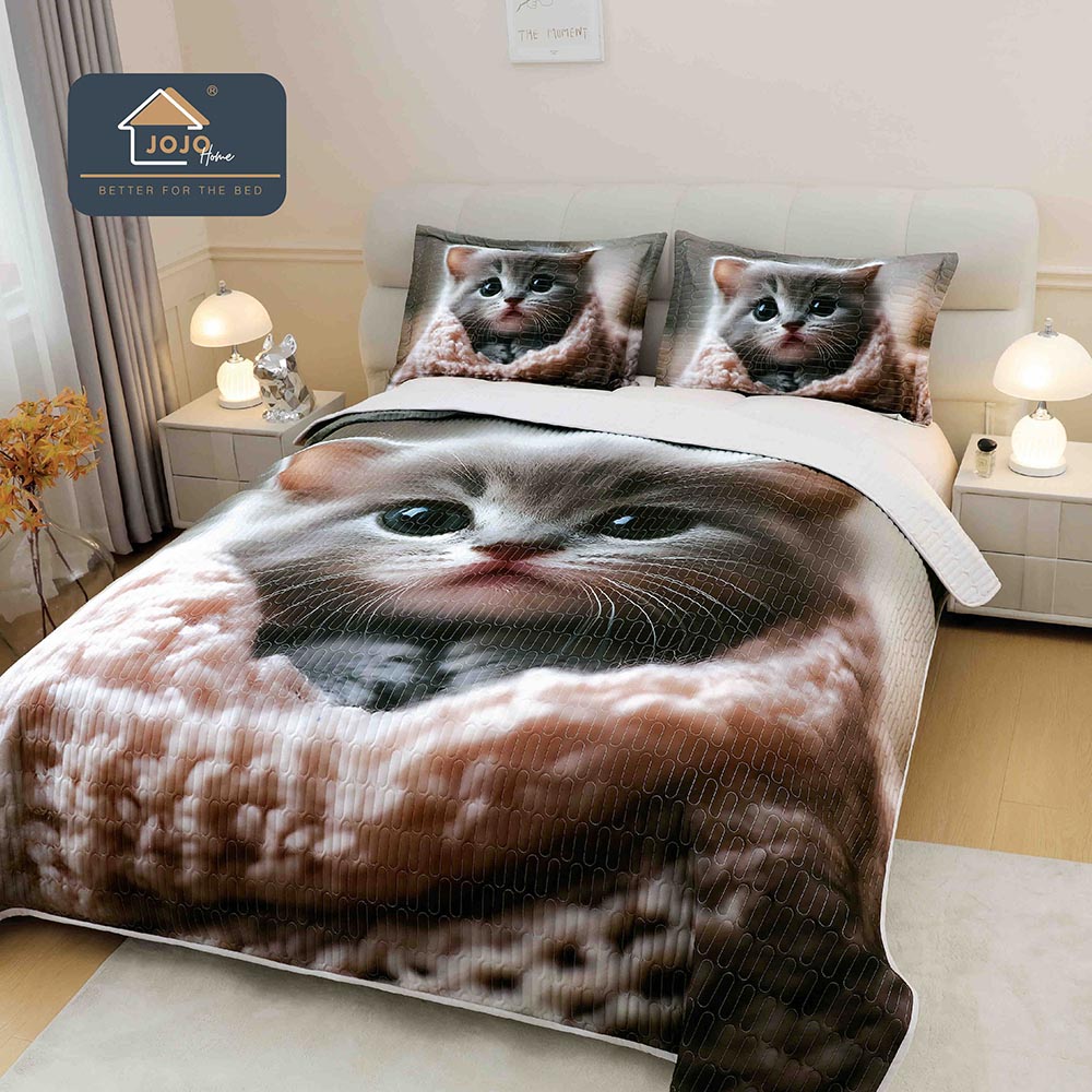 Set Cuvertura si 2 Fete de Perna, Imprimeu 5D Pisicuta 1 Set Cuvertura si 2 Fete de Perna, Imprimeu 5D Pisicuta