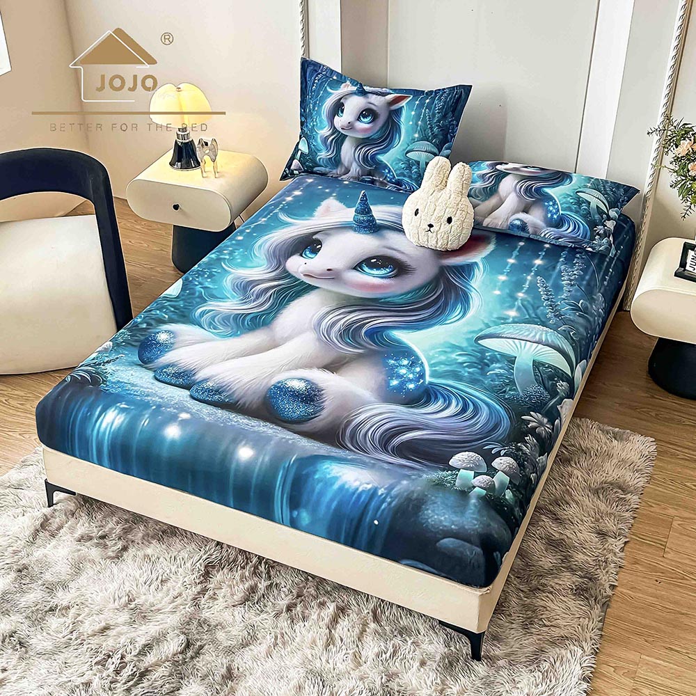 Husă Pat Dublu cu elastic cu 2 fețe de pernă, Țesătură Tip Finet , Imprimeu 5D Unicorn 1 Husă Pat Dublu cu elastic cu 2 fețe de pernă, Țesătură Tip Finet , Imprimeu 5D Unicorn