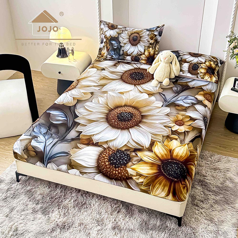 Husă Pat Dublu cu elastic cu 2 fețe de pernă, Țesătură Tip Finet , Imprimeu 5D Flori 1 Husă Pat Dublu cu elastic cu 2 fețe de pernă, Țesătură Tip Finet , Imprimeu 5D Flori