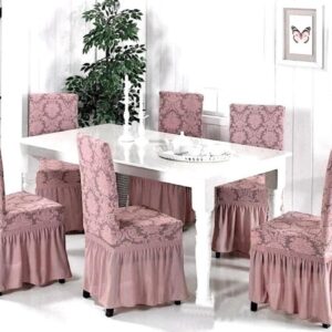 Set 6 huse elastice pentru scaune, cu volanas, model Jacquard Roz