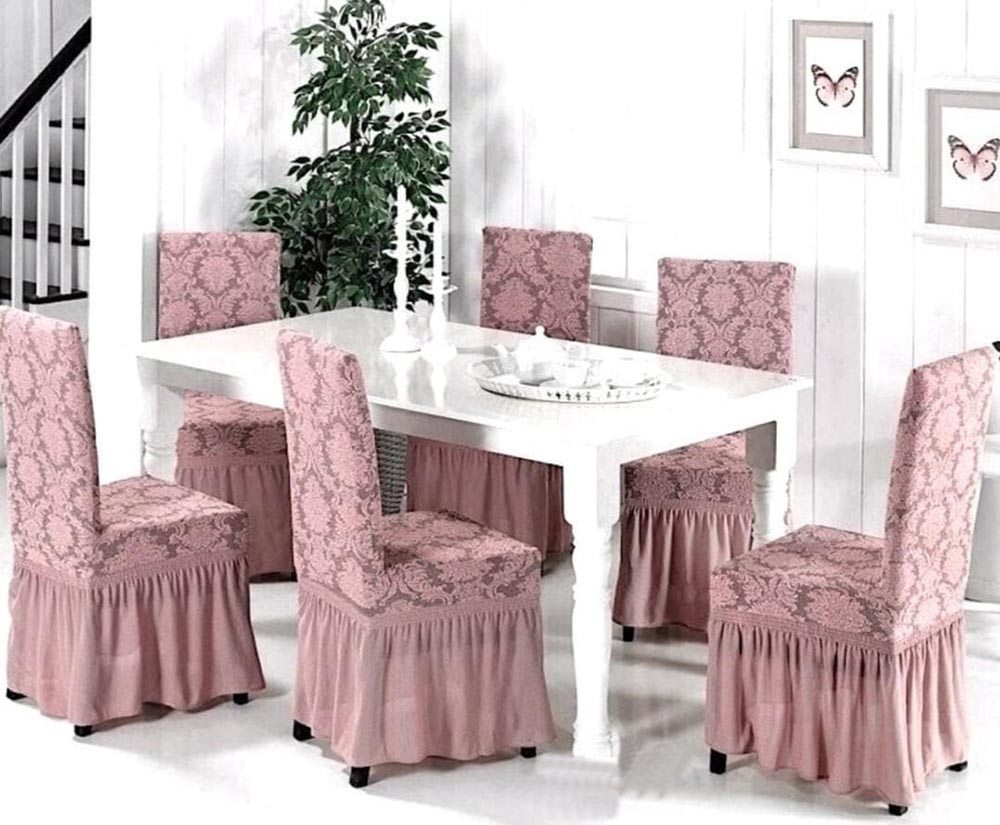 Set 6 huse elastice pentru scaune, cu volanas, model Jacquard Roz 1 Set 6 huse elastice pentru scaune, cu volanas, model Jacquard Roz