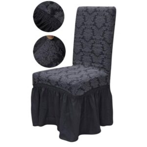 Set 6 huse elastice pentru scaune, cu volanas, model Jacquard Gri Inchis