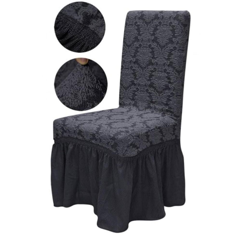 Set 6 huse elastice pentru scaune, cu volanas, model Jacquard Gri Inchis 1 Set 6 huse elastice pentru scaune, cu volanas, model Jacquard Gri Inchis