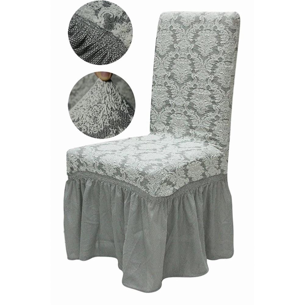 Set 6 huse elastice pentru scaune, cu volanas, model Jacquard Gri 1 Set 6 huse elastice pentru scaune, cu volanas, model Jacquard Gri