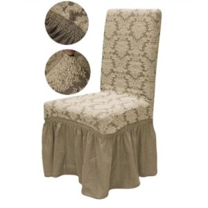 Set 6 huse elastice pentru scaune, cu volanas, model Jacquard Bej
