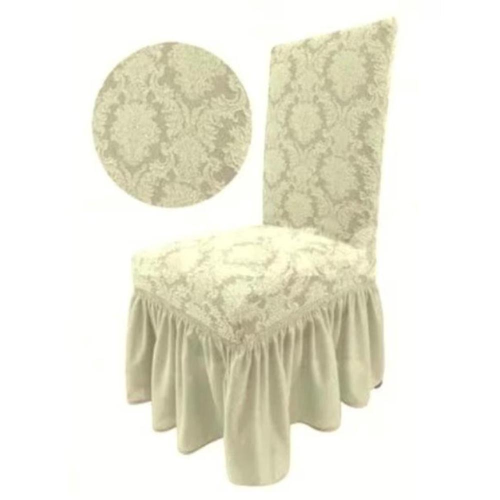 Set 6 huse elastice pentru scaune, cu volanas, model Jacquard Crem 1 Set 6 huse elastice pentru scaune, cu volanas, model Jacquard Crem
