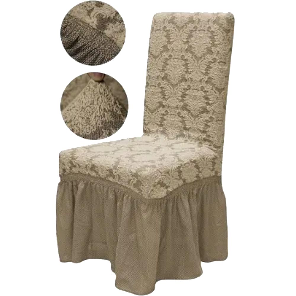 Set 6 huse elastice pentru scaune, cu volanas, model Jacquard Cappuccino 1 Set 6 huse elastice pentru scaune, cu volanas, model Jacquard Cappuccino