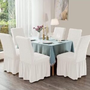 Set 6 huse scaune, creponate si elastice cu volanas  Alb
