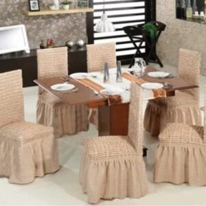 Set 6 huse scaune, creponate si elastice cu volanas  Bej deschis