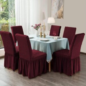 Set 6 huse scaune, creponate si elastice cu volanas  Bordo