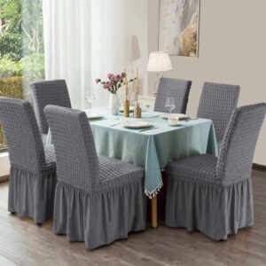Set 6 huse scaune, creponate si elastice cu volanas  Gri
