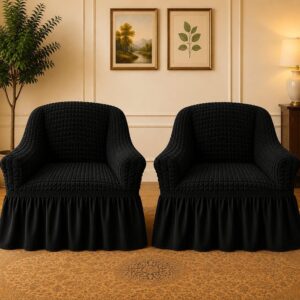 Set 2 Huse cu volanas din material elastic,creponat,   pentru Fotolii - Negru