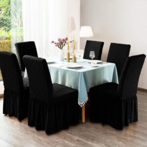 Set 6 huse scaune, creponate si elastice cu volanas  Negru