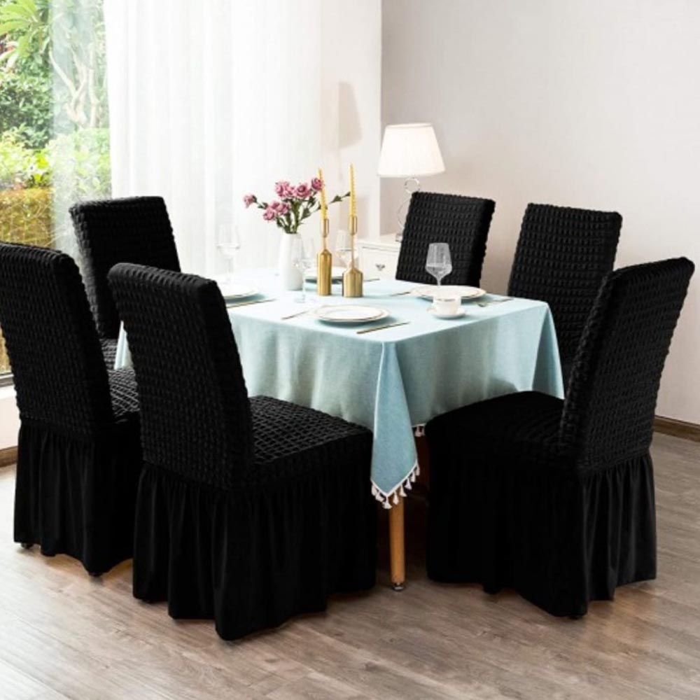 Set 6 huse scaune, creponate si elastice cu volanas Negru 1 Set 6 huse scaune, creponate si elastice cu volanas Negru