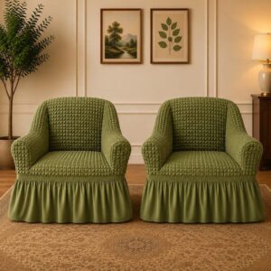 Set 2 Huse cu volanas din material elastic,creponat,   pentru Fotolii - Verde
