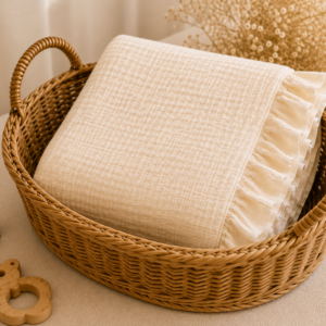 Păturică Crem Premium din Muselină 4 Straturi cu Volan – 100×100 cm