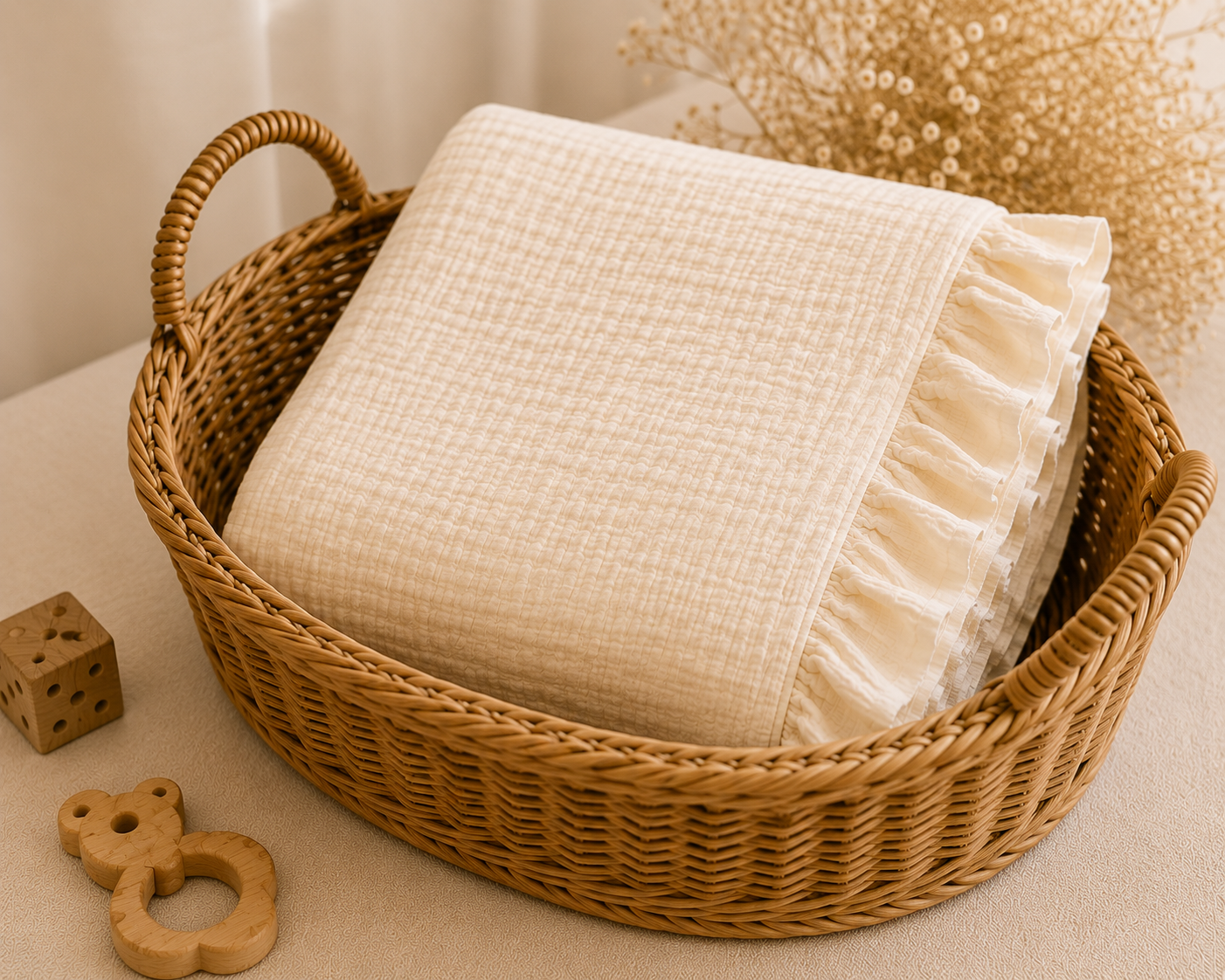 Păturică Crem Premium din Muselină 4 Straturi cu Volan – 100×100 cm 1 Păturică Crem Premium din Muselină 4 Straturi cu Volan – 100×100 cm