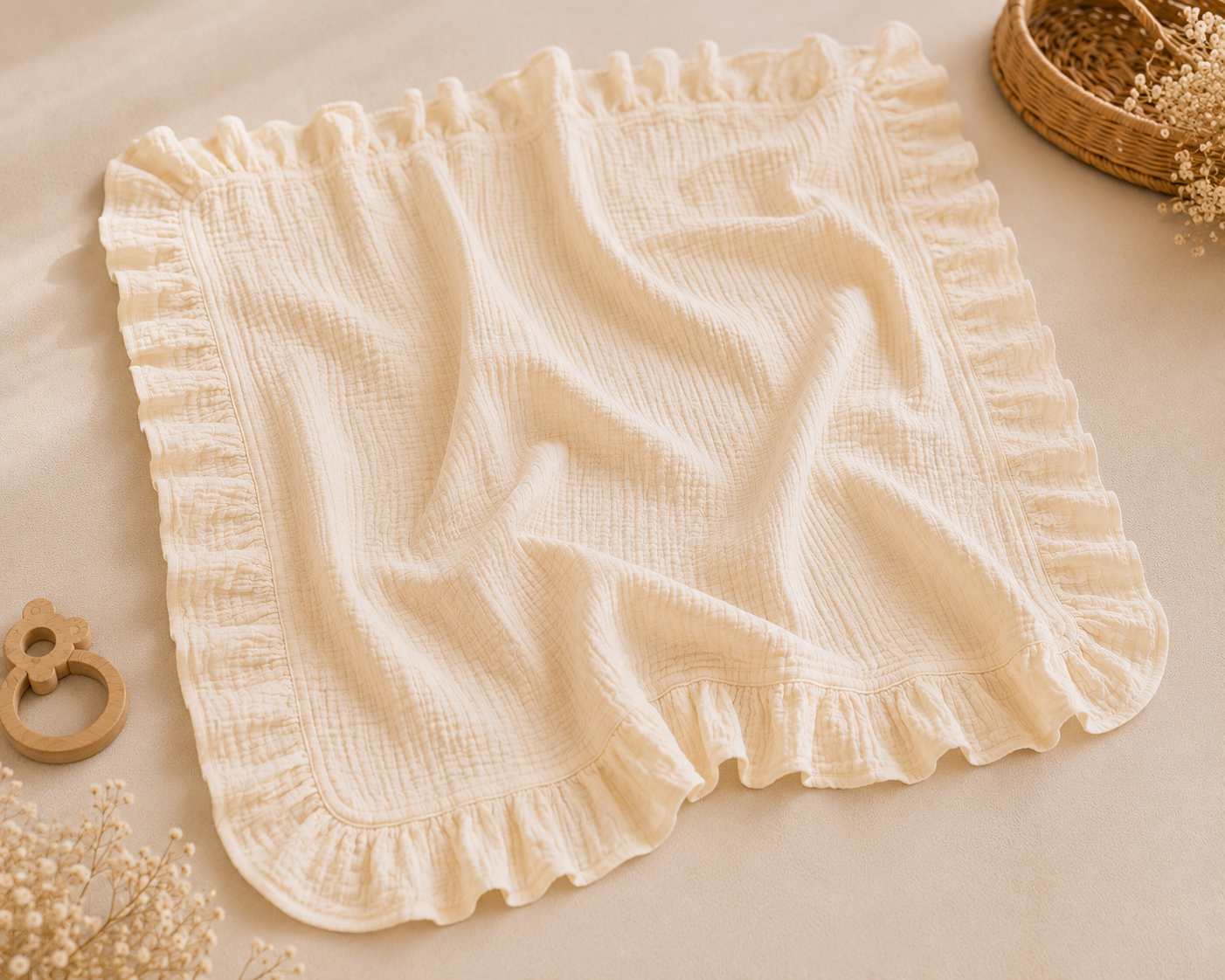 Păturică Crem Premium din Muselină 4 Straturi cu Volan – 100×100 cm 2 Păturică Crem Premium din Muselină 4 Straturi cu Volan – 100×100 cm - imagine 2