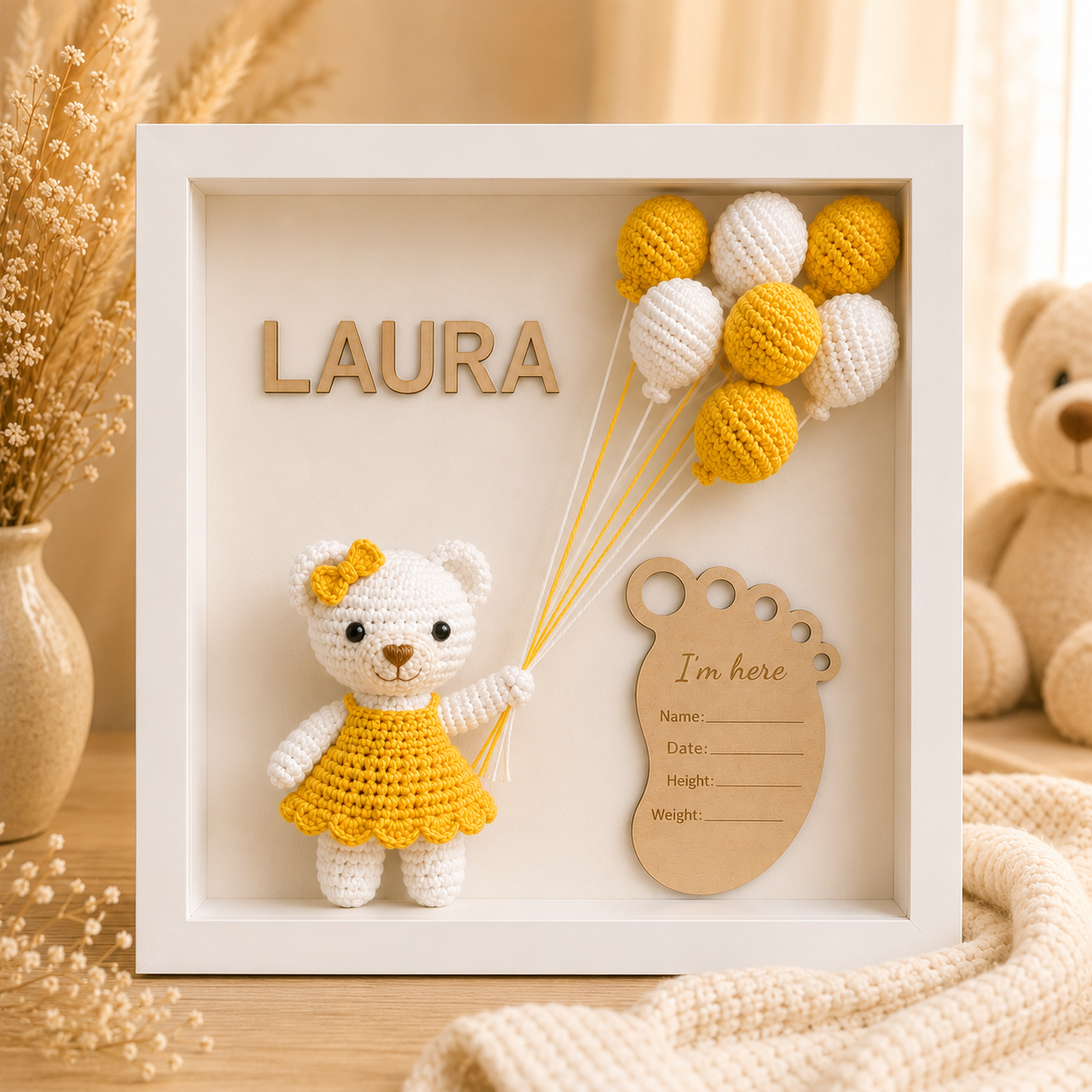 Tablou personalizat Shadow Box – Ursulet fetita rochita galbena 1 Tablou personalizat Shadow Box – Ursulet fetita rochita galbena