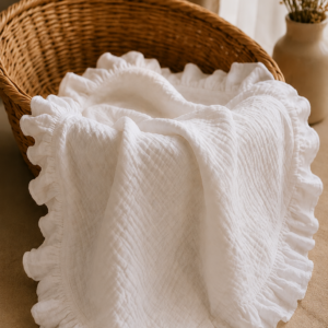 Păturică Alba Premium din Muselină 4 Straturi cu Volan – 100×100 cm