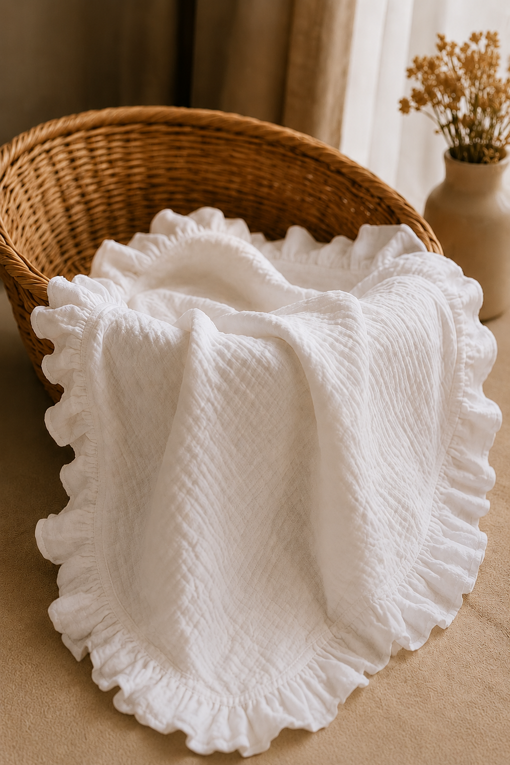 Păturică Alba Premium din Muselină 4 Straturi cu Volan – 100×100 cm 1 Păturică Alba Premium din Muselină 4 Straturi cu Volan – 100×100 cm