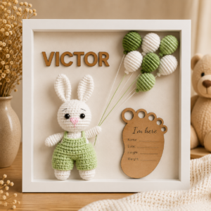 Tablou personalizat Shadow Box – Iepuras salopeta verde pastel