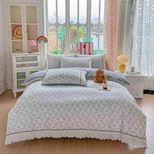 Lenjerie pat dublu  - bumbac 100 % , 4 piese, Cearceaf cu elastic , Gri, Floral, cu Dantela