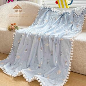 Păturică copii din bumbac 100% și Minky 3D, 100 x 150 cm  – Bleu, Ursuleți, lună și baloane
