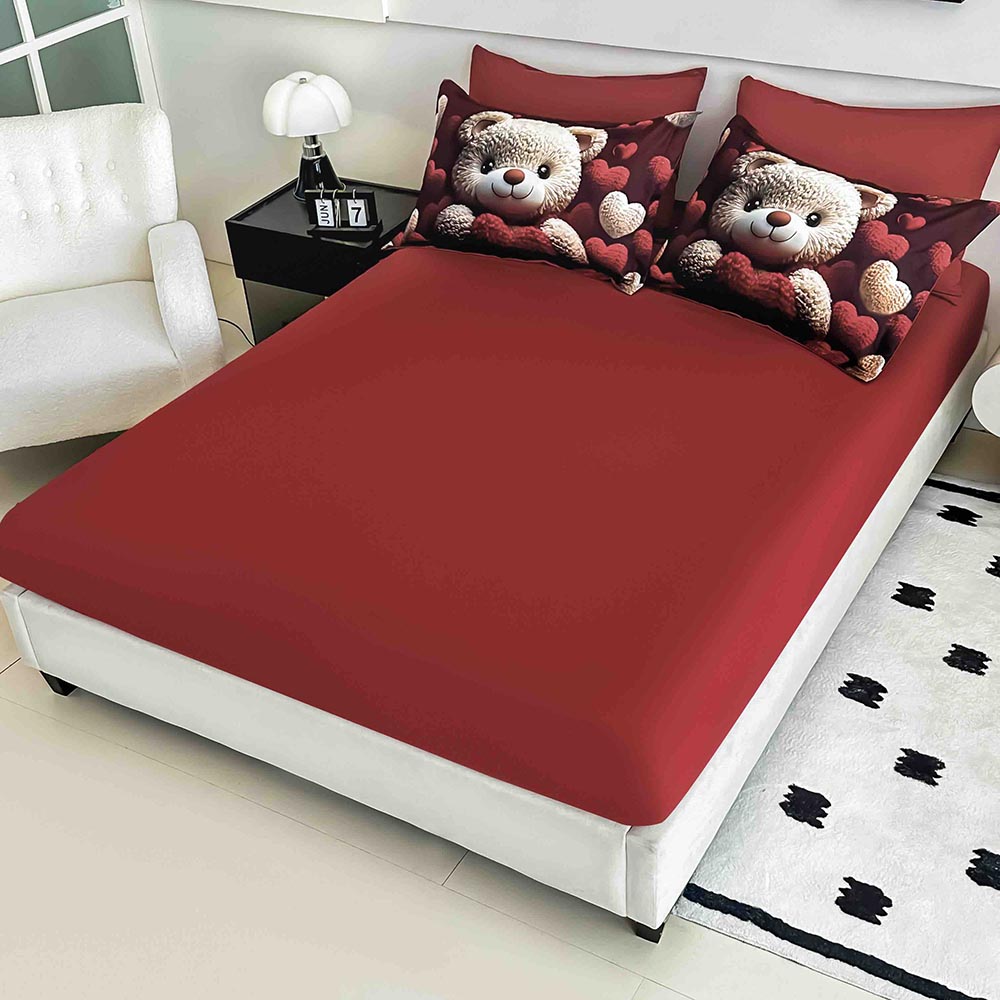 Lenjerie de Pat 1 Persoană- pat 140*200 cm, Cearceaf cu elastic, Imprimeu 5D, Roșie Ursuleț cu Inimioare 2 Lenjerie de Pat 1 Persoană- pat 140*200 cm, Cearceaf cu elastic, Imprimeu 5D, Roșie Ursuleț cu Inimioare - imagine 2