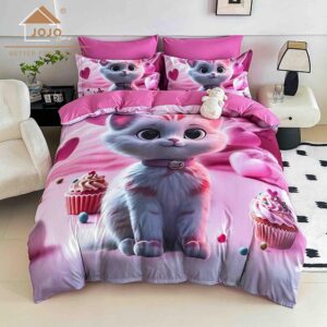 Lenjerie de Pat 1 Persoană- pat 140*200 cm, Cearceaf cu elastic, Imprimeu 5D,  Roz cu Pisicuță Cupcake