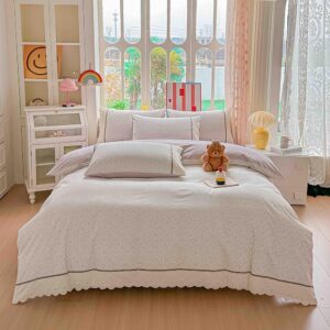 Lenjerie pat dublu  - bumbac 100 % , 4 piese, Cearceaf cu elastic , Roz Pudrat cu Imprimeu Delicat si Dantela