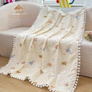 Păturică copii din bumbac 100% și Minky 3D, 100 x 150 cm  – Ivoire , model cu Ursuleți și Elefănței Pastel