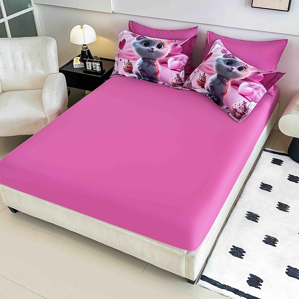 Lenjerie de Pat 1 Persoană- pat 140*200 cm, Cearceaf cu elastic, Imprimeu 5D, Roz cu Pisicuță Cupcake 2 Lenjerie de Pat 1 Persoană- pat 140*200 cm, Cearceaf cu elastic, Imprimeu 5D, Roz cu Pisicuță Cupcake - imagine 2