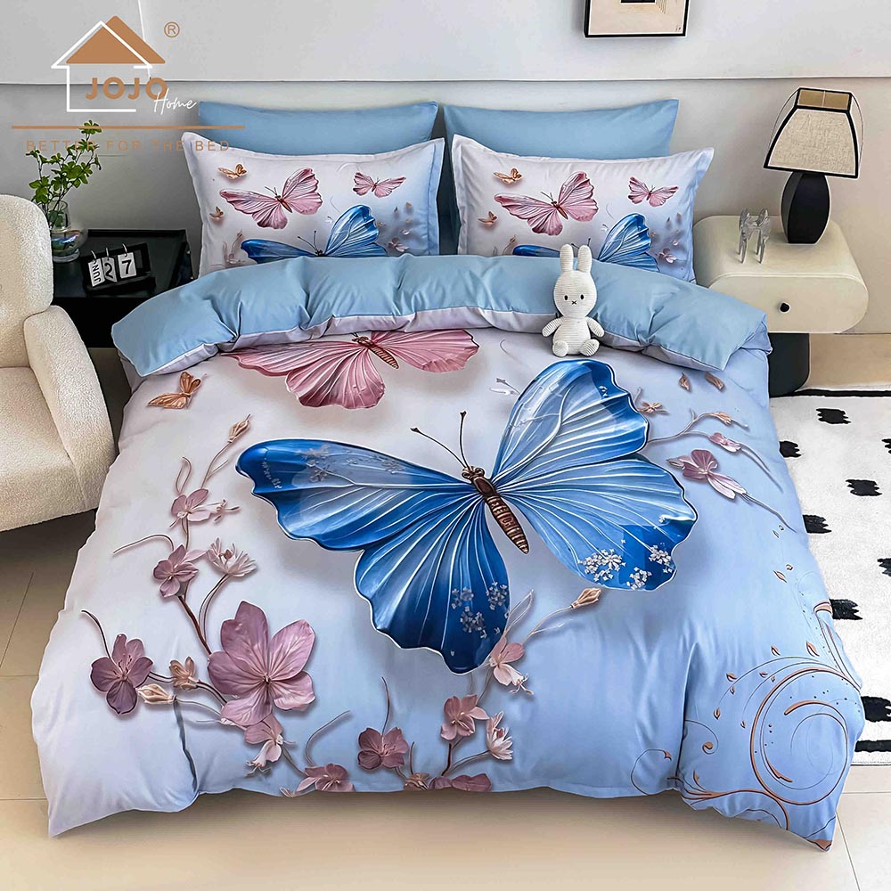 Lenjerie de Pat 1 Persoană- pat 140*200 cm, Cearceaf cu elastic, Imprimeu 5D, Bleu cu Fluturi 1 Lenjerie de Pat 1 Persoană- pat 140*200 cm, Cearceaf cu elastic, Imprimeu 5D, Bleu cu Fluturi