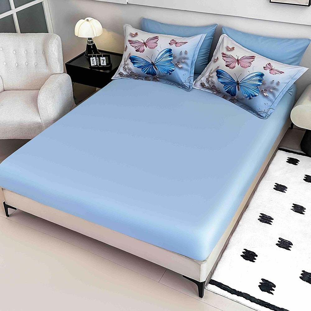 Lenjerie de Pat 1 Persoană- pat 140*200 cm, Cearceaf cu elastic, Imprimeu 5D, Bleu cu Fluturi 2 Lenjerie de Pat 1 Persoană- pat 140*200 cm, Cearceaf cu elastic, Imprimeu 5D, Bleu cu Fluturi - imagine 2