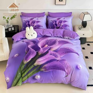Lenjerie de pat dublu , Tesatura tip Finet,  6 piese , Imprimeu 5D Mov cu Flori Cala