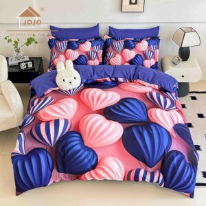 Lenjerie de pat dublu , Tesatura tip Finet,  6 piese , Imprimeu 5D Roz Coral și Albastru Regal cu Inimi Decorative