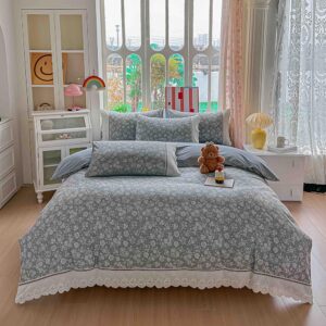 Lenjerie pat dublu  - bumbac 100 % , 4 piese, Cearceaf cu elastic , Gri cu Imprimeu Floral si Dantela