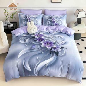 Lenjerie de pat dublu , Tesatura tip Finet,  6 piese , Imprimeu 5D Bleu-Lila cu Imprimeu Floral