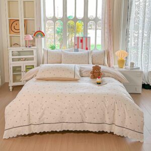 Lenjerie pat dublu  - bumbac 100 % , 4 piese, Cearceaf cu elastic , Crem cu Cirese si Dantela
