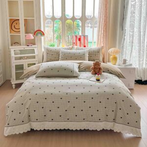 Lenjerie pat dublu  - bumbac 100 % , 4 piese, Cearceaf cu elastic , Bej cu Inimioare si Dantela