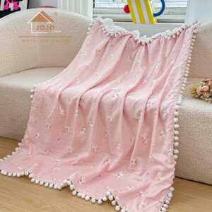 Păturică copii din bumbac 100% și Minky 3D, 100 x 150 cm  – Roz Pudrat, model cu Ponei