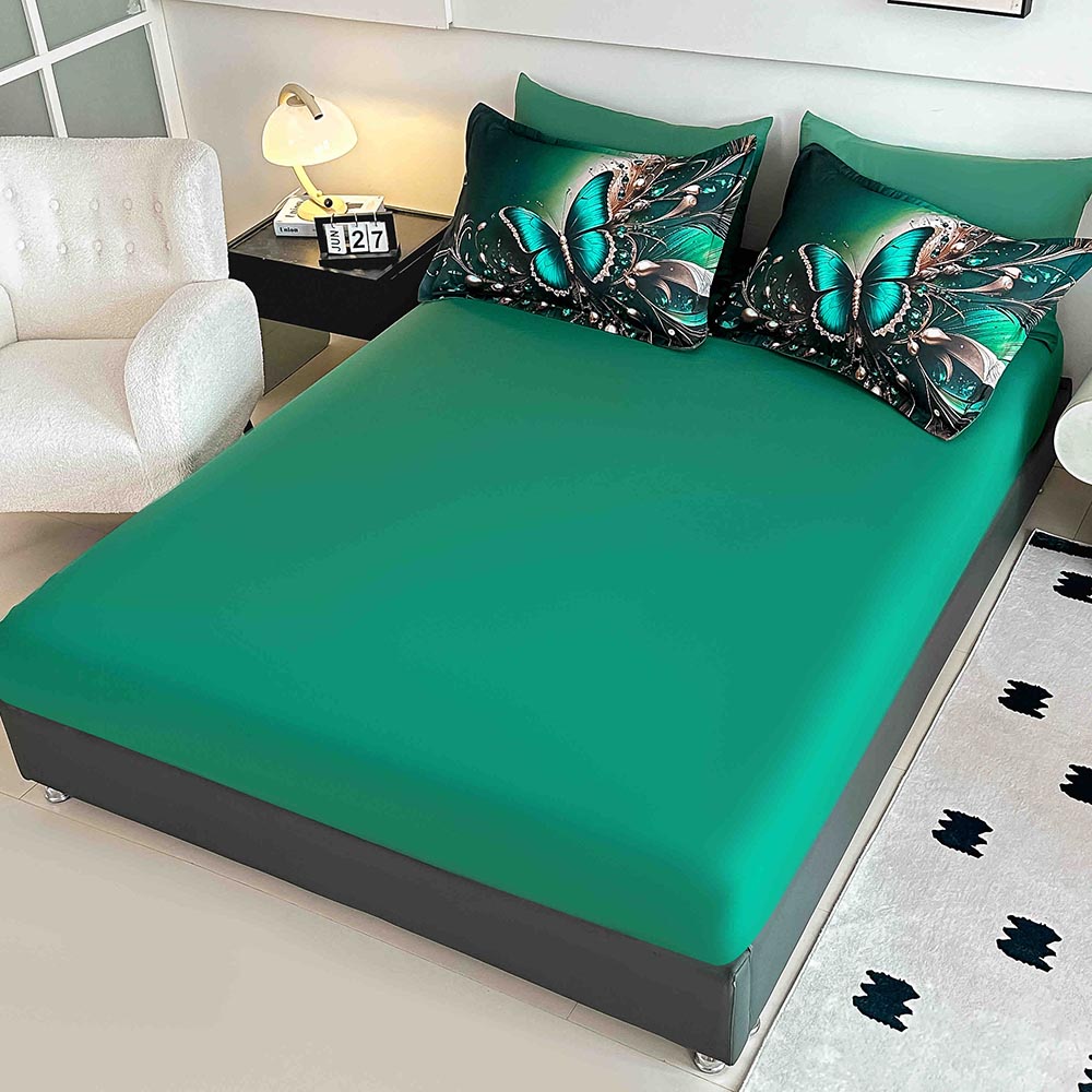 Lenjerie de pat dublu , Tesatura tip Finet, 6 piese , Imprimeu 5D Verde Smarald cu Fluture și Cristale 2 Lenjerie de pat dublu , Tesatura tip Finet, 6 piese , Imprimeu 5D Verde Smarald cu Fluture și Cristale - imagine 2
