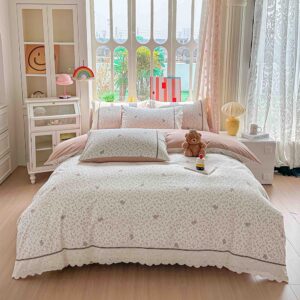 Lenjerie pat dublu  - bumbac 100 % , 4 piese, Cearceaf cu elastic , Alb-Roz cu Florala cu Catelusi si Dantela